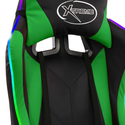 Racing seat with RGB LED lighting, artificial leather green and black