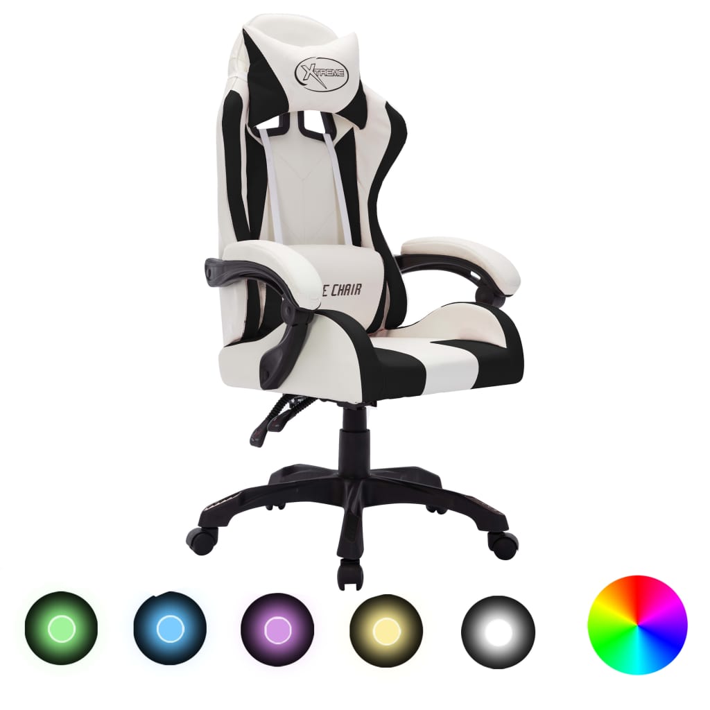 Racing seat with RGB LED lighting, artificial leather, white and black
