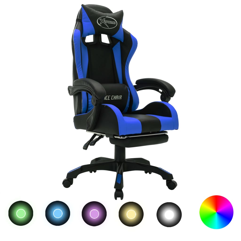Racing seat with RGB LED lighting, artificial leather blue and black