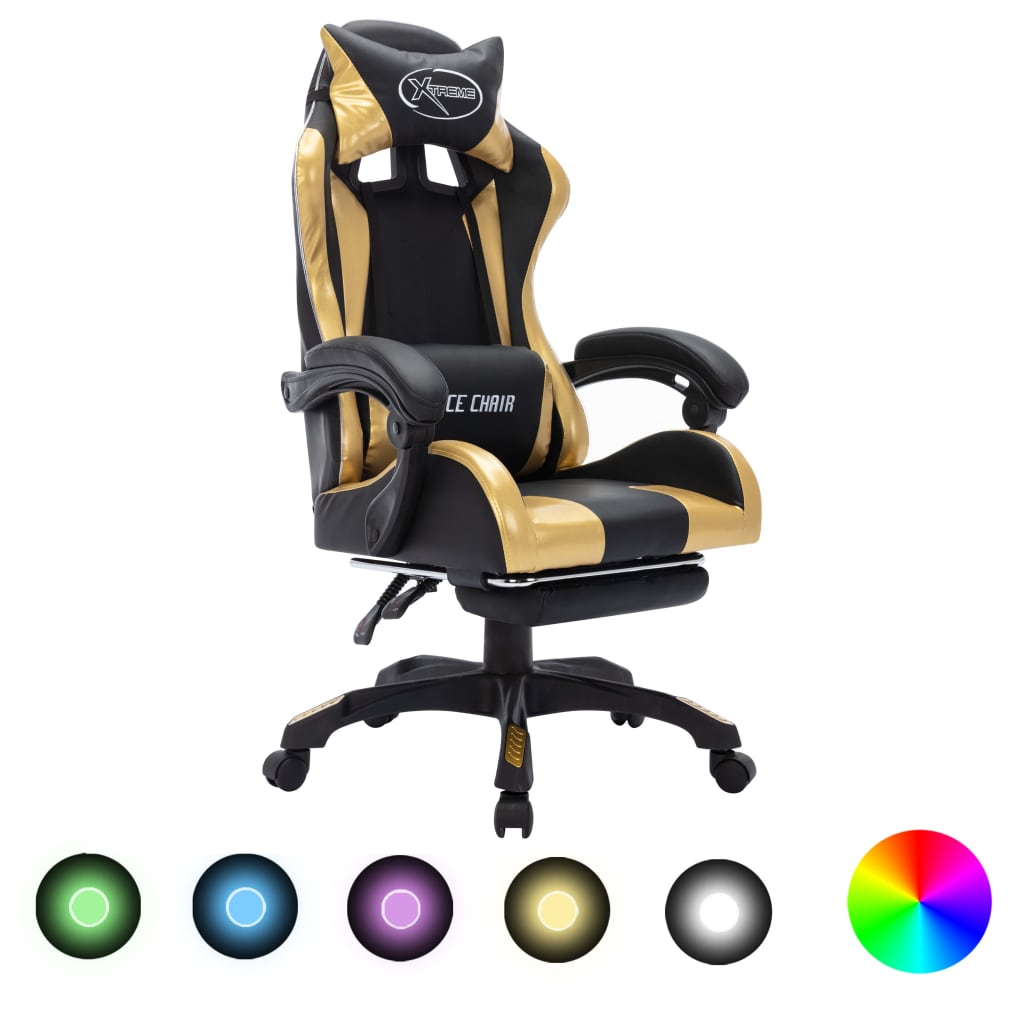 Racing seat with RGB LED lighting, artificial leather, gold and black