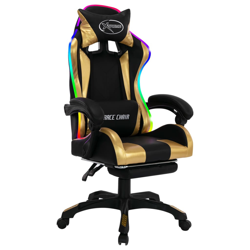 Racing seat with RGB LED lighting, artificial leather, gold and black