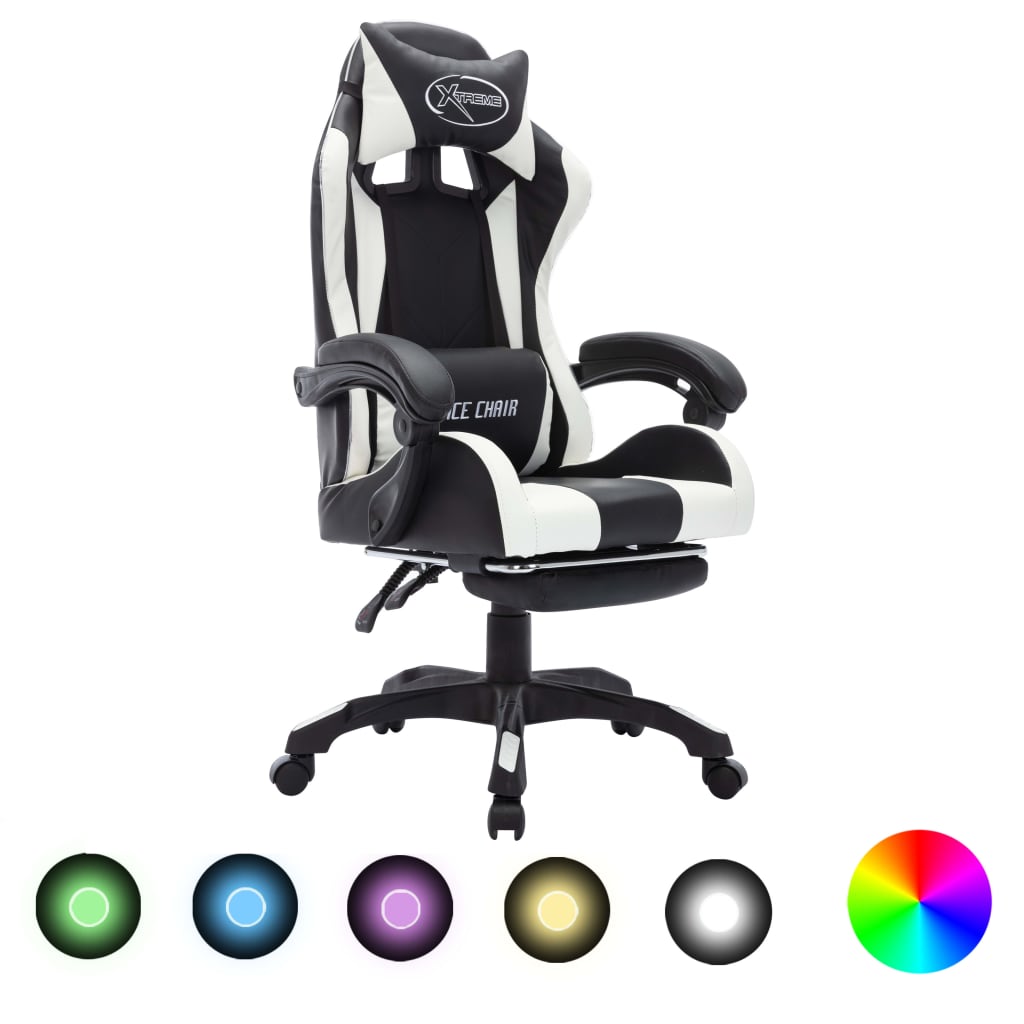 Racing seat with RGB LED lighting, artificial leather, white and black