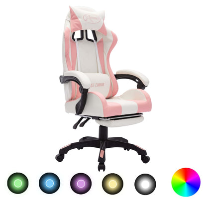 Racing chair with RGB LED lighting, artificial leather, pink and white