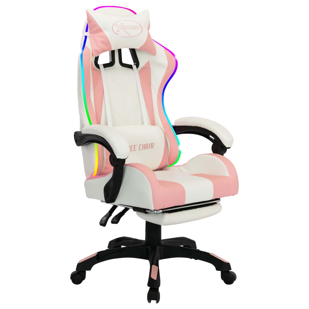 Racing chair with RGB LED lighting, artificial leather, pink and white