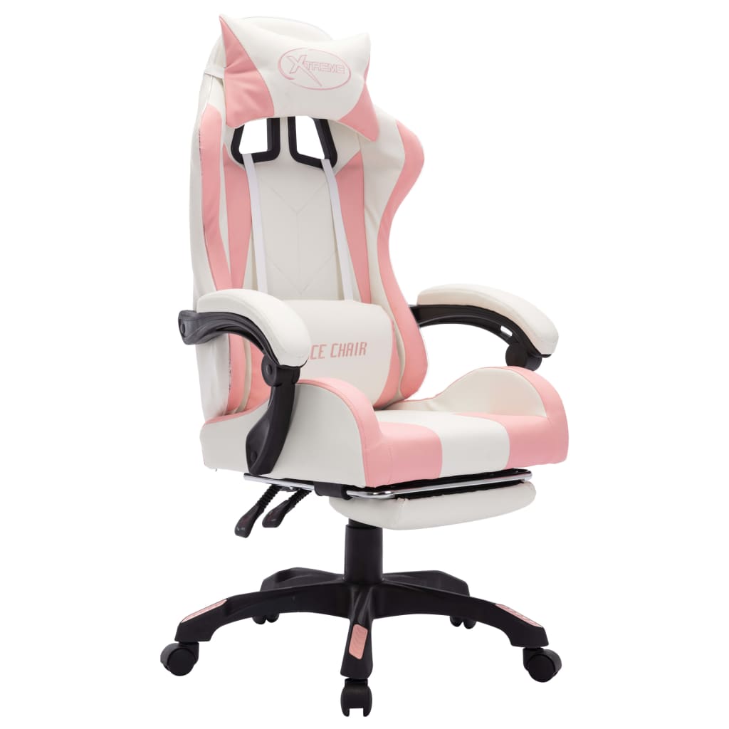 Racing chair with RGB LED lighting, artificial leather, pink and white