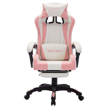 Racing chair with RGB LED lighting, artificial leather, pink and white