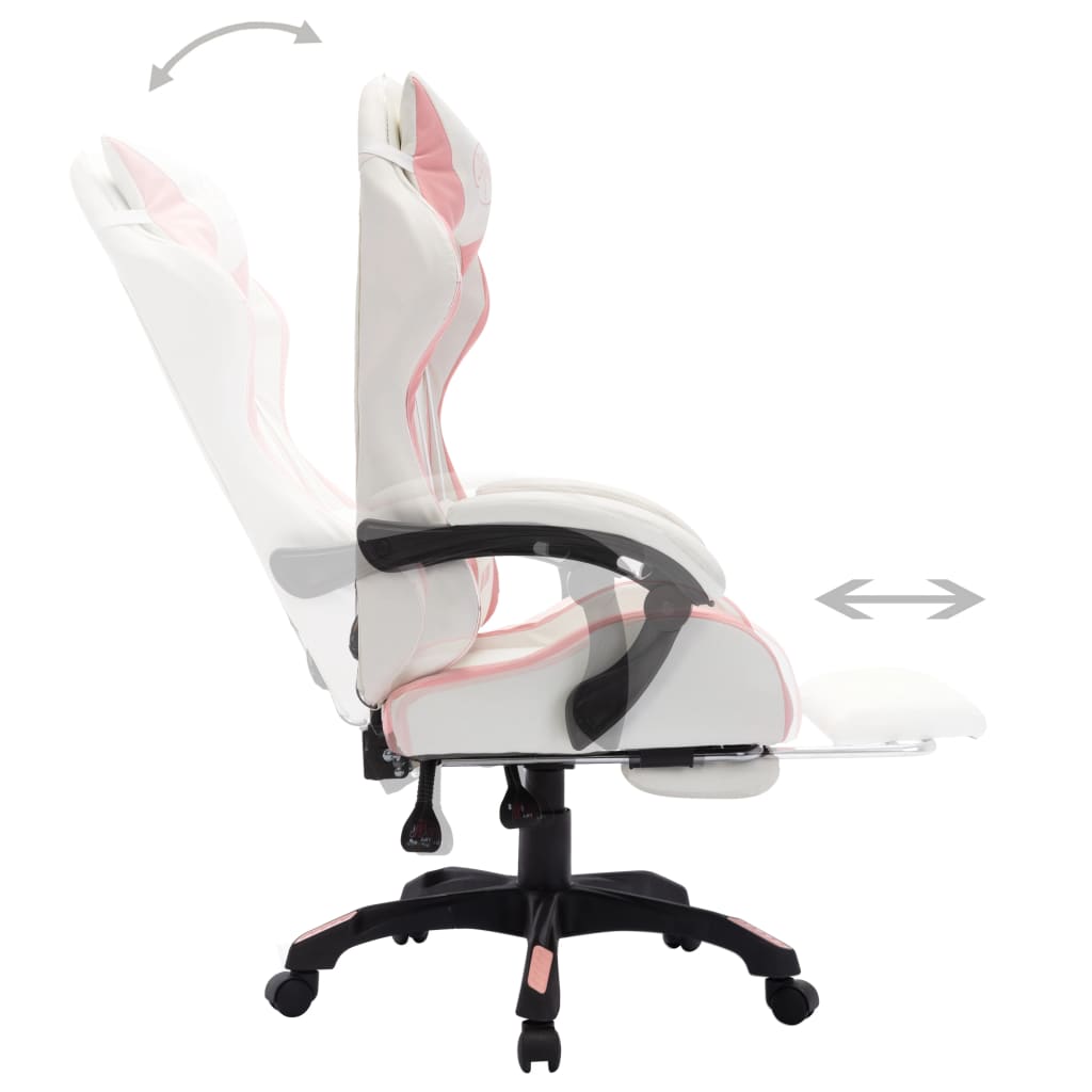 Racing chair with RGB LED lighting, artificial leather, pink and white