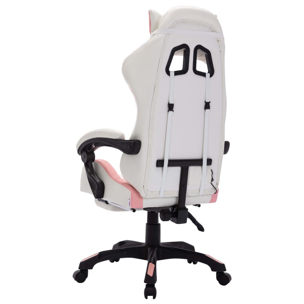 Racing chair with RGB LED lighting, artificial leather, pink and white