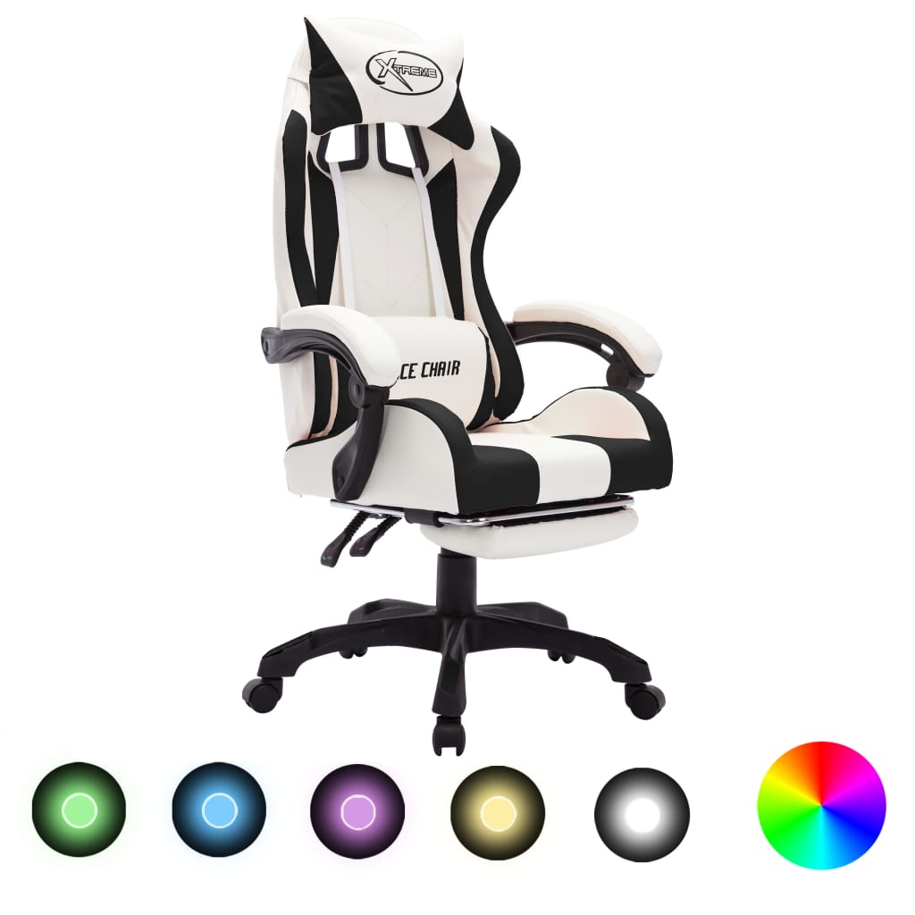 Racing chair with RGB LED lighting, artificial leather, black and white