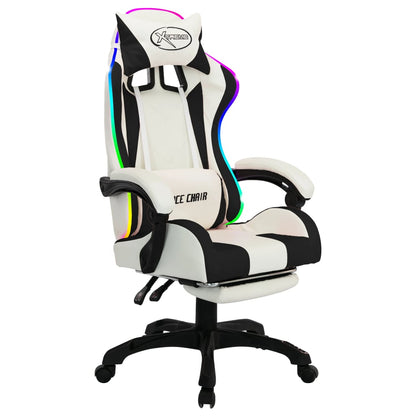 Racing chair with RGB LED lighting, artificial leather, black and white