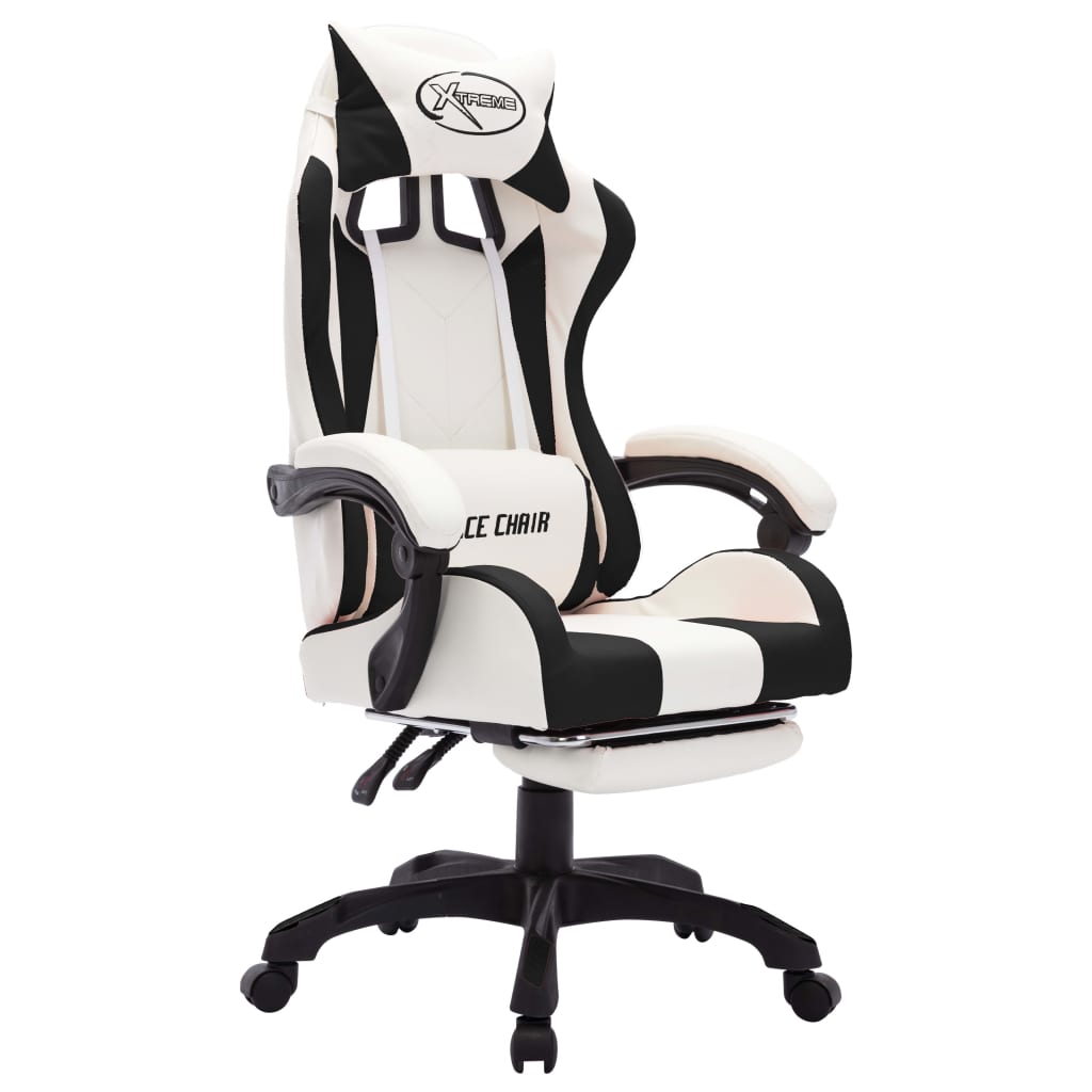 Racing chair with RGB LED lighting, artificial leather, black and white