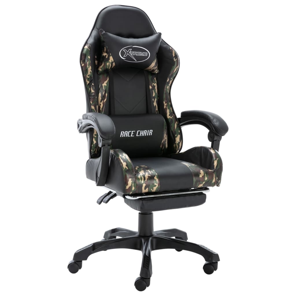 Racing seat with footrest, artificial leather, black and camouflage
