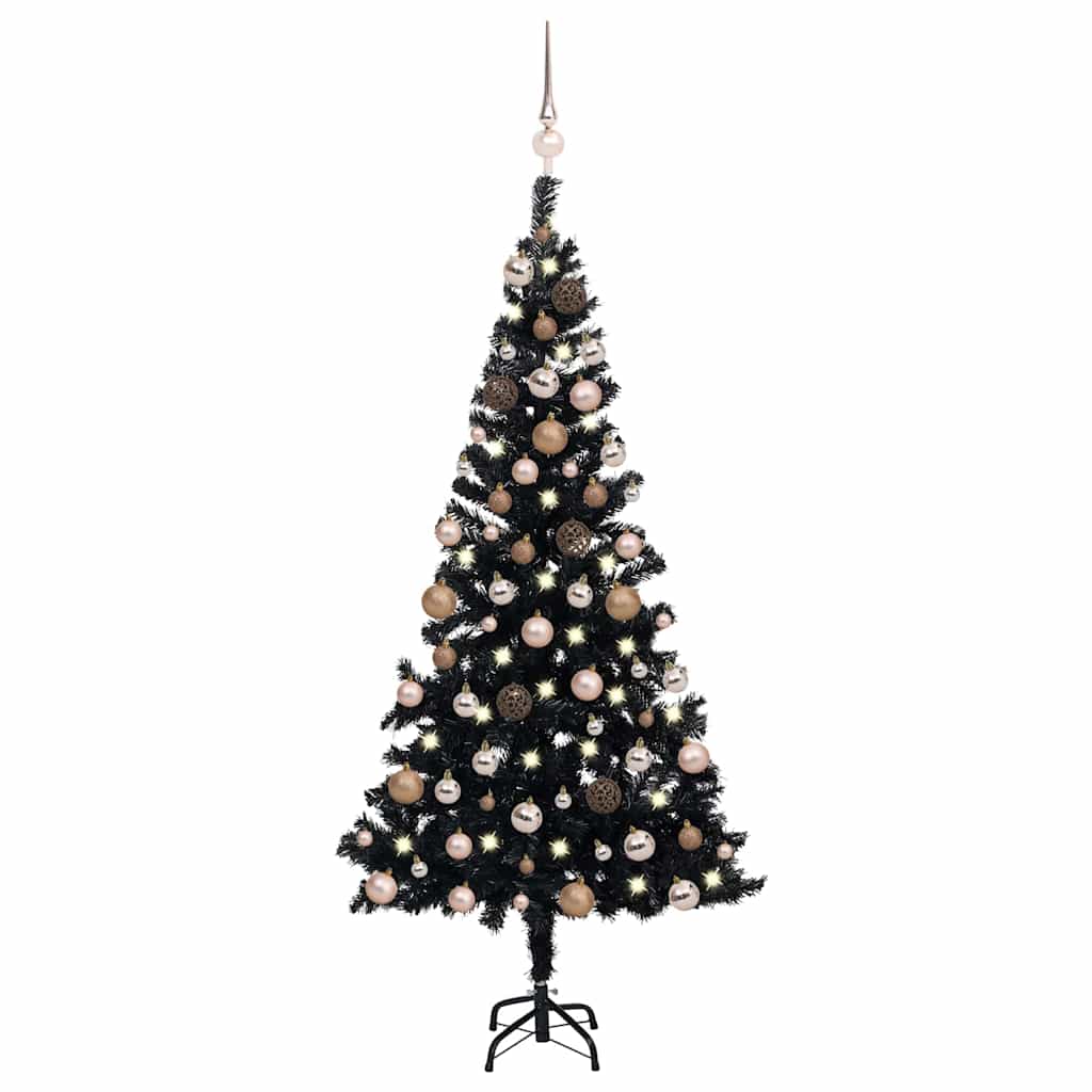 Kunstkerstboom met verlichting en kerstballen 120 cm PVC zwart