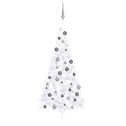 Artificial Christmas tree with lights and Christmas balls half 210 cm white