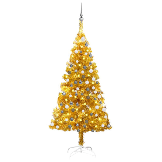 Kunstkerstboom met verlichting en kerstballen 120 cm PET goud
