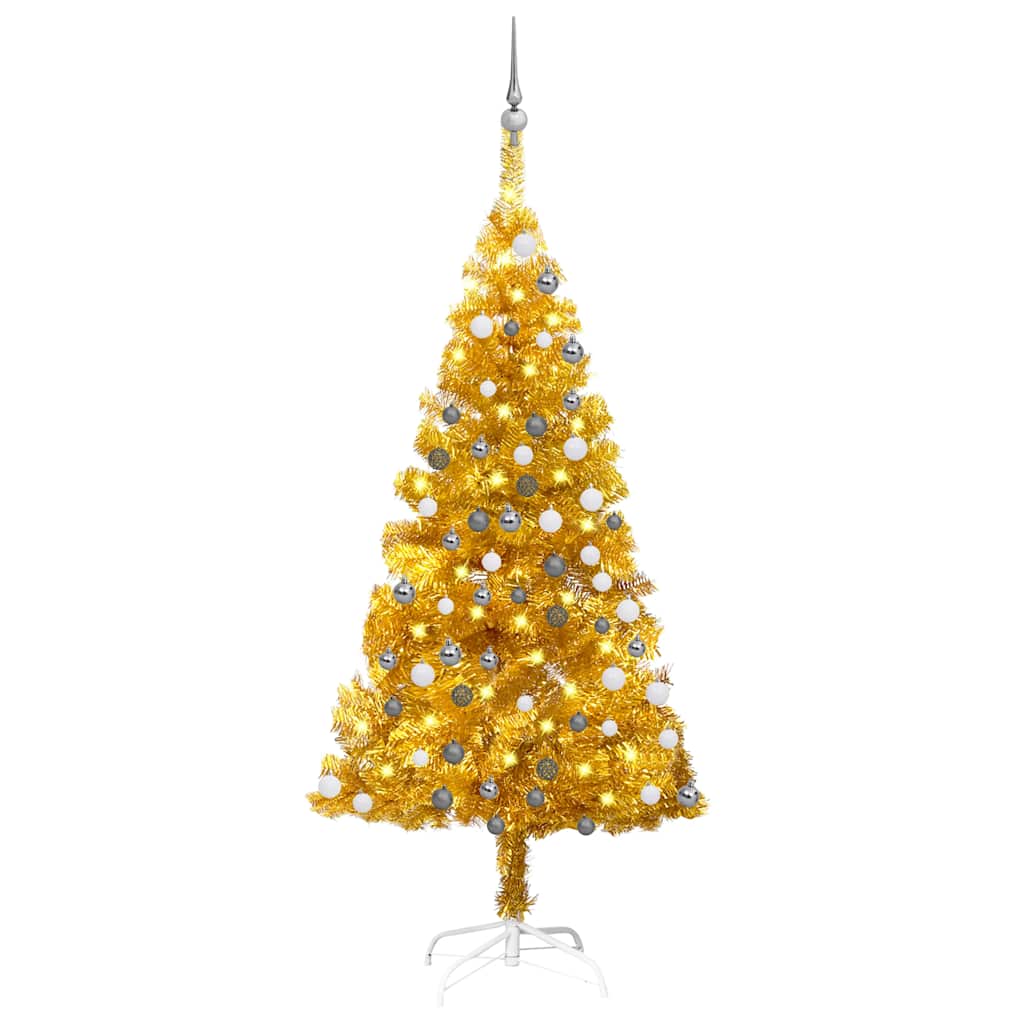 Kunstkerstboom met verlichting en kerstballen 150 cm PET goud