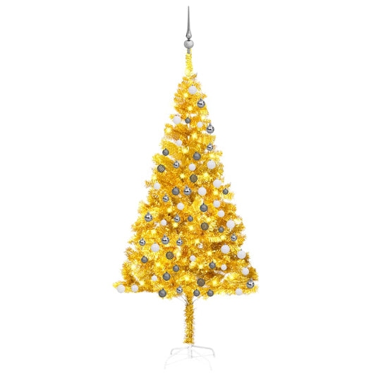 Kunstkerstboom met verlichting en kerstballen 180 cm PET goud