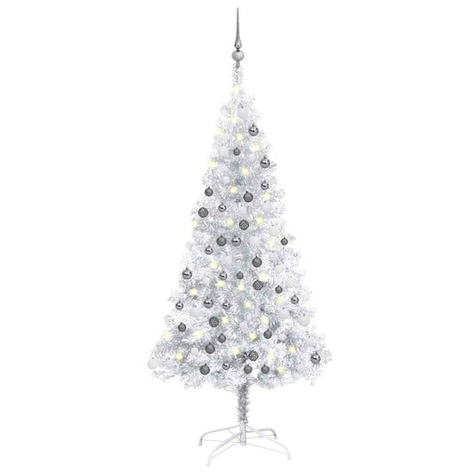 Kunstkerstboom met verlichting en kerstballen 150 cm PET zilver
