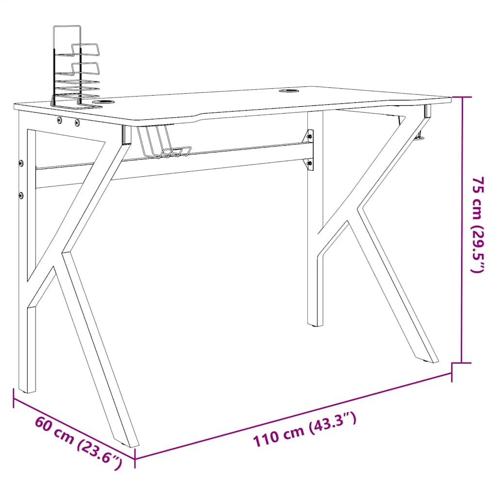 Gamingbureau met K-vormige poten 110x60x75 cm zwart