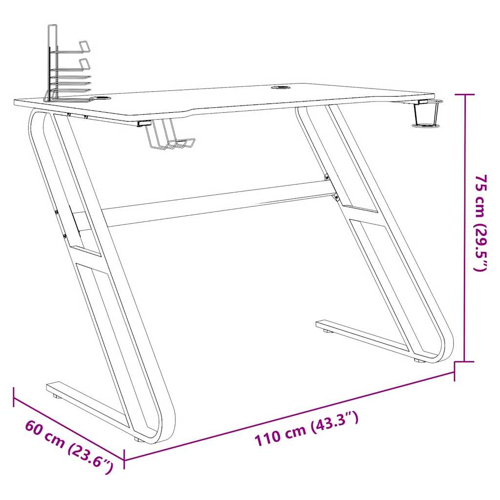 Gamingbureau met ZZ-vormige poten 110x60x75 cm zwart
