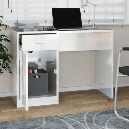 Desk with cupboard and drawer 100x40x73 cm processed wood high-gloss white