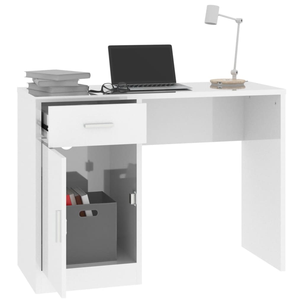 Desk with cupboard and drawer 100x40x73 cm processed wood high-gloss white