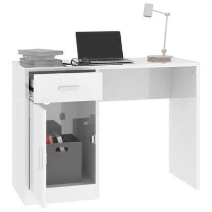 Desk with cupboard and drawer 100x40x73 cm processed wood high-gloss white