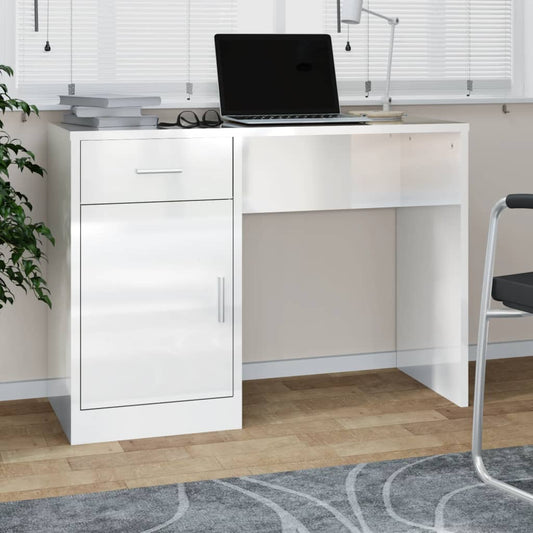 Desk with cupboard and drawer 100x40x73 cm processed wood high-gloss white