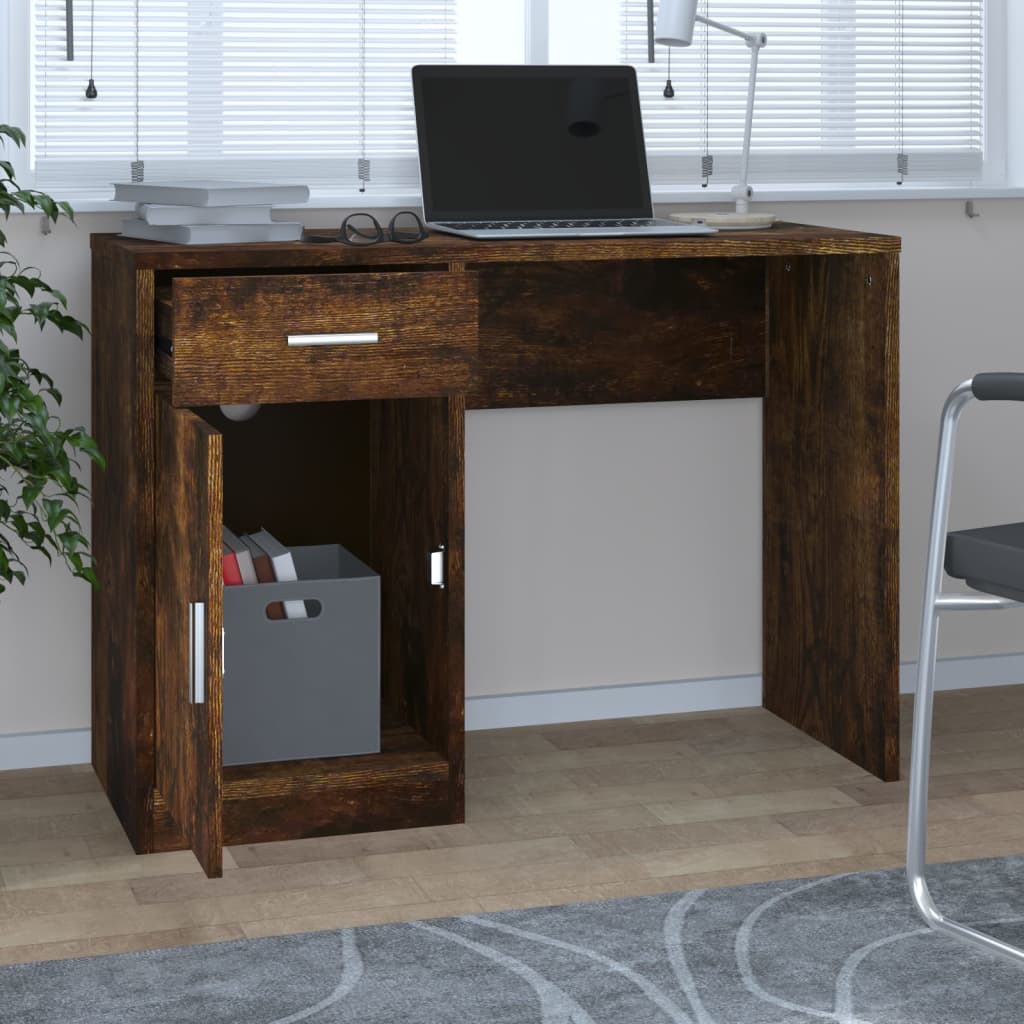 Desk with cupboard and drawer 100x40x73 cm processed wood smoked oak