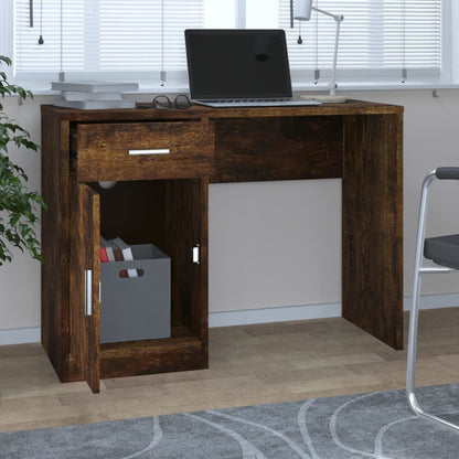 Desk with cupboard and drawer 100x40x73 cm processed wood smoked oak