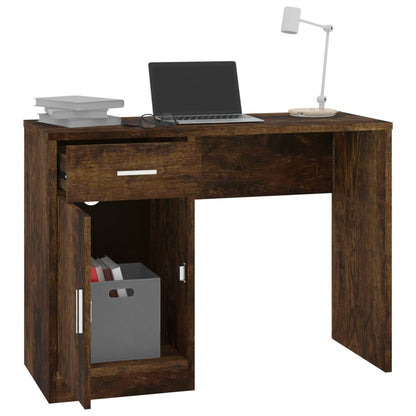 Desk with cupboard and drawer 100x40x73 cm processed wood smoked oak