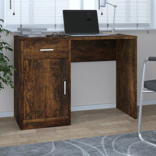 Desk with cupboard and drawer 100x40x73 cm processed wood smoked oak