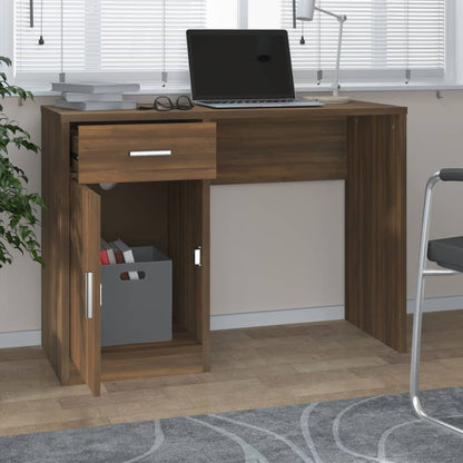 Desk with cupboard and drawer 100x40x73 cm processed wood brown oak