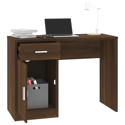 Desk with cupboard and drawer 100x40x73 cm processed wood brown oak