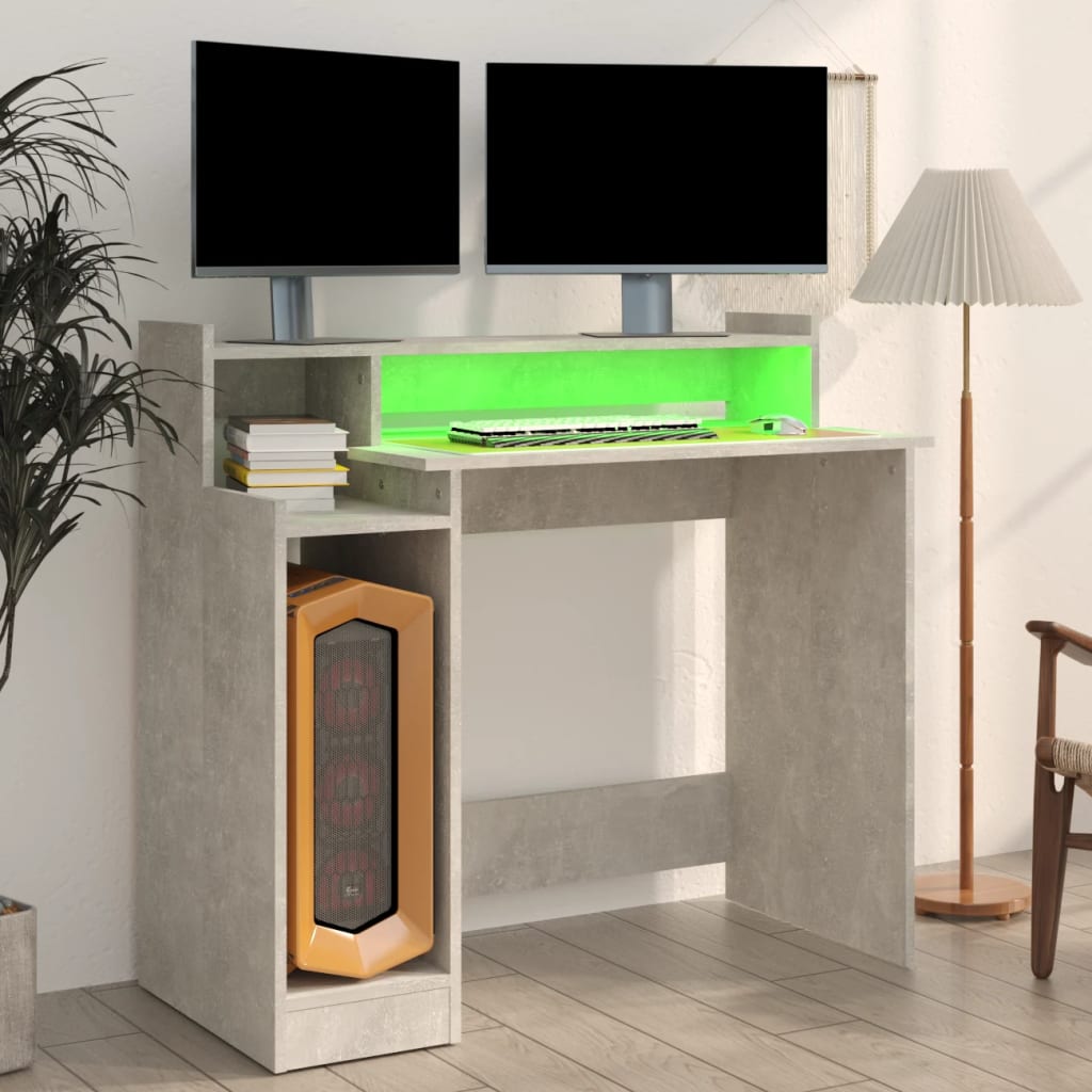 Bureau met LED-verlichting 97x45x90 cm bewerkt hout betongrijs