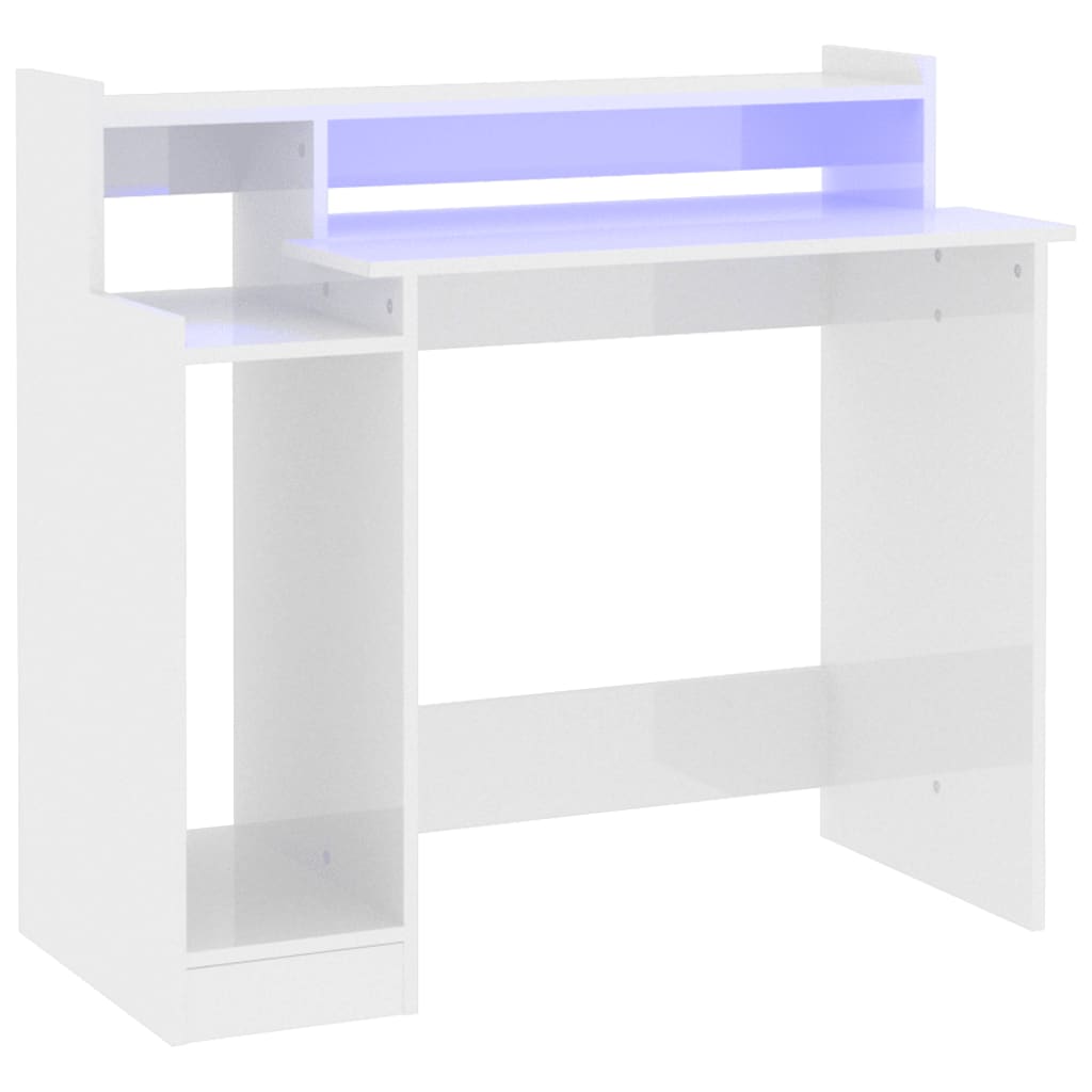 Desk with LED lighting 97x45x90 cm wood high-gloss white