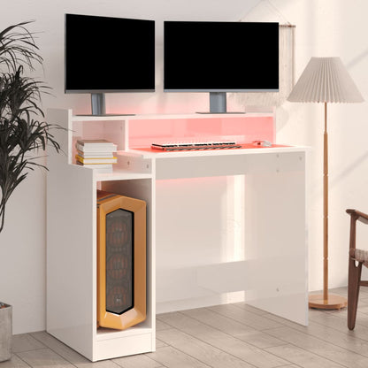 Desk with LED lighting 97x45x90 cm wood high-gloss white