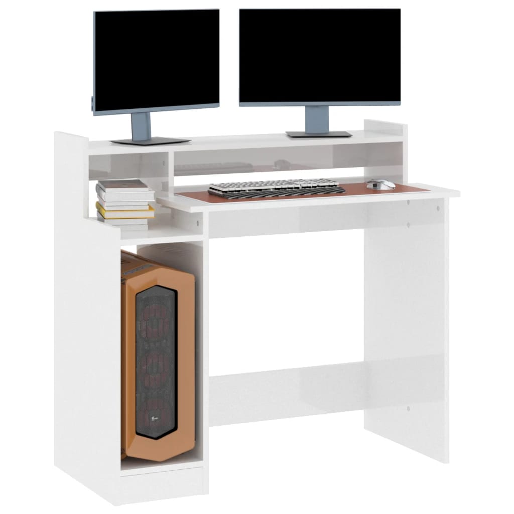 Desk with LED lighting 97x45x90 cm wood high-gloss white