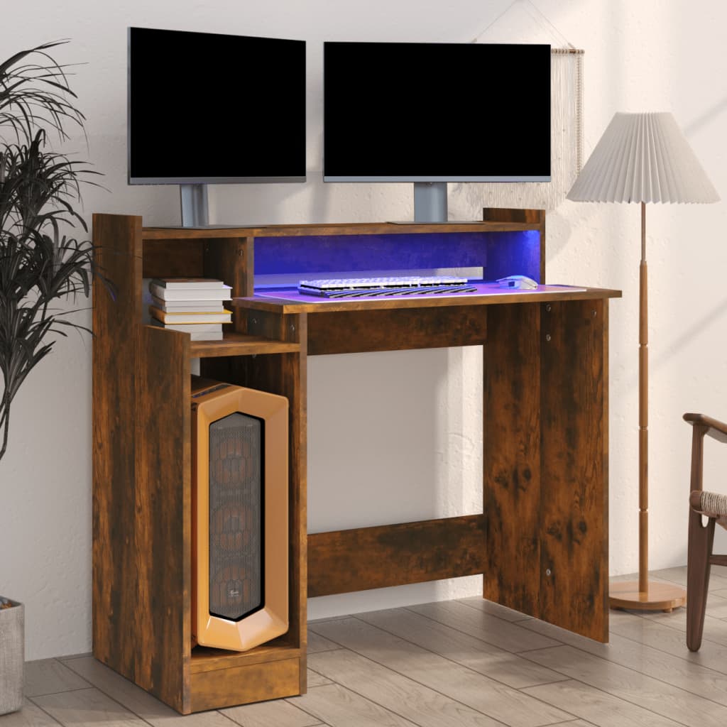Desk with LED lighting 97x45x90 cm wood smoked oak color