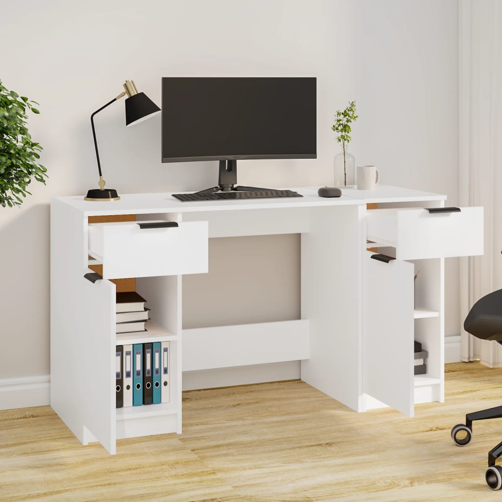 Desk with side cabinet, processed wood, white