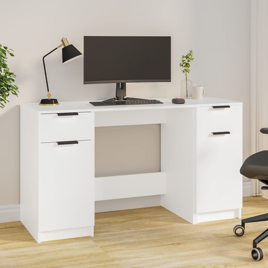 Desk with side cabinet, processed wood, white