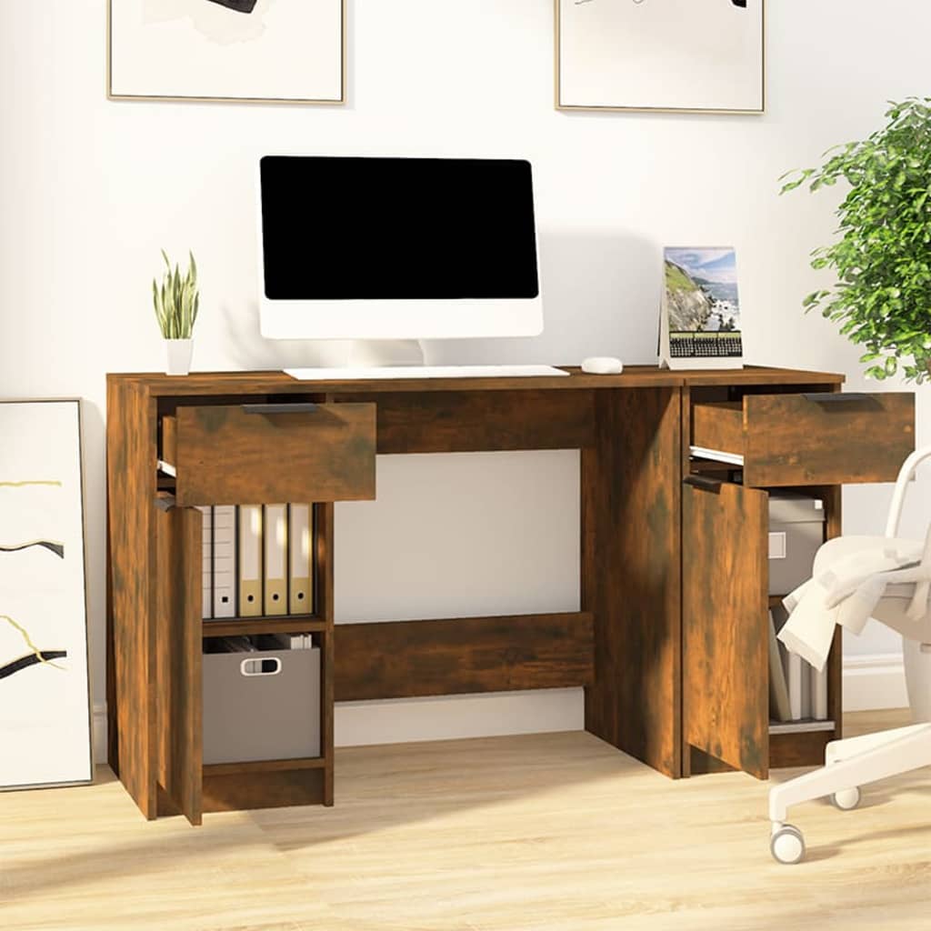 Desk with side cabinet, processed wood, smoked oak color