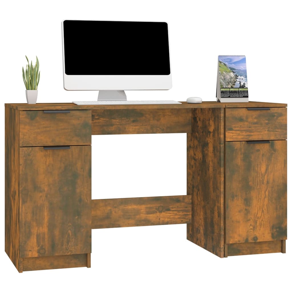 Desk with side cabinet, processed wood, smoked oak color