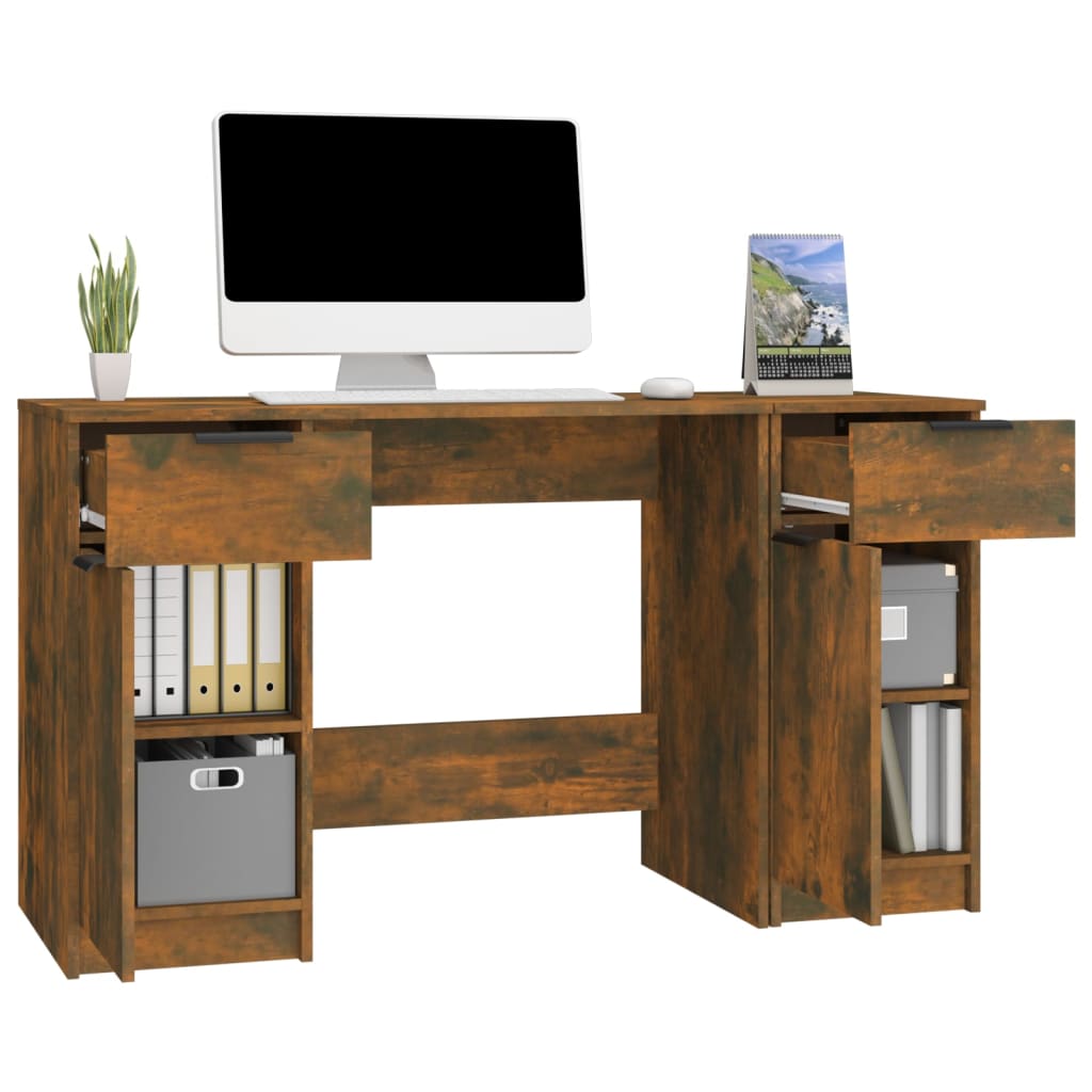 Desk with side cabinet, processed wood, smoked oak color
