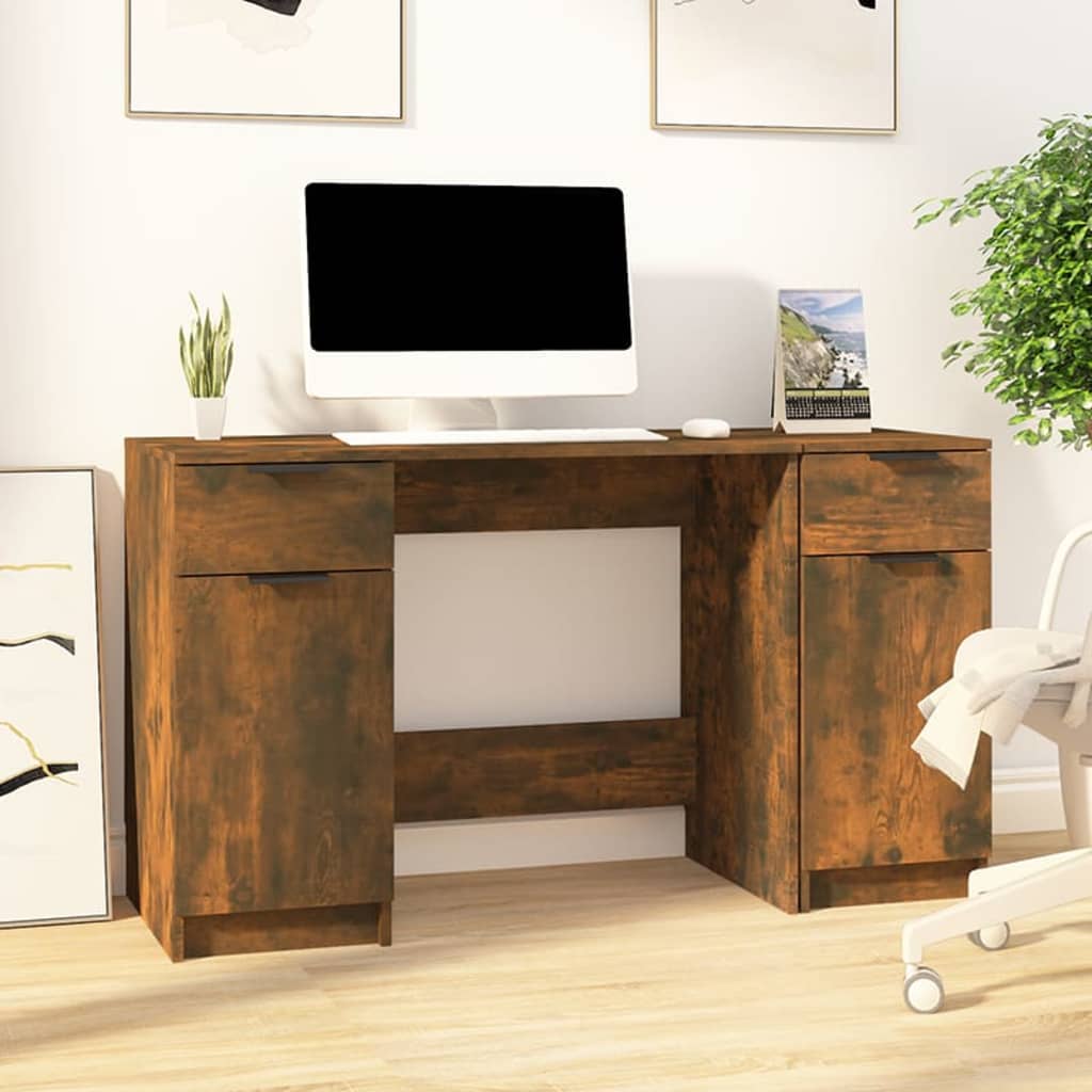 Desk with side cabinet, processed wood, smoked oak color