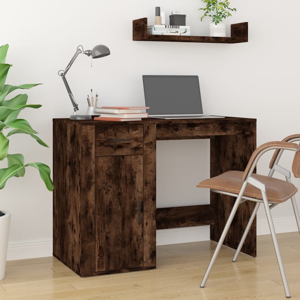Desk with cabinet, processed wood, smoked oak color