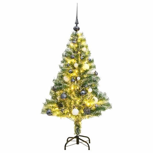 Kunstkerstboom met 150 LED's kerstballen en sneeuw 120 cm