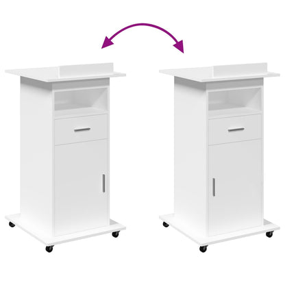 Lessenaar met wielen en lade 55x55x107 cm bewerkt hout wit