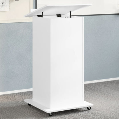 Lessenaar met wielen en lade 55x55x107 cm bewerkt hout wit