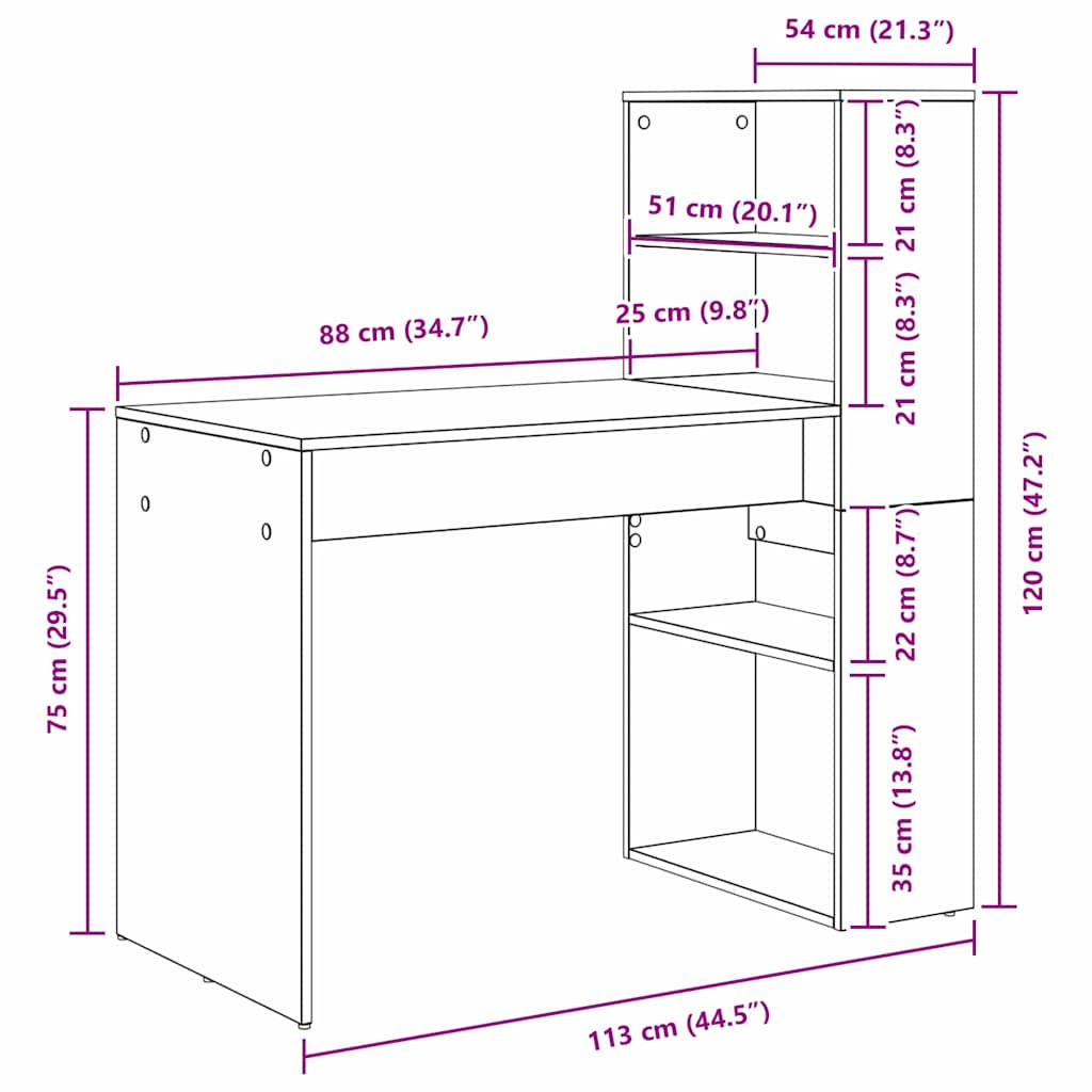 Bureau met plank Zwart Eiken 113 x 54 x 120 cm Bewerkt hout